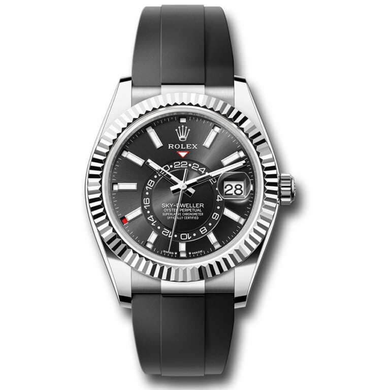 Rolex White Gold Sky-Dweller 336239-0002 Fluted Bezel Black Index Dial Oysterflex Strap
