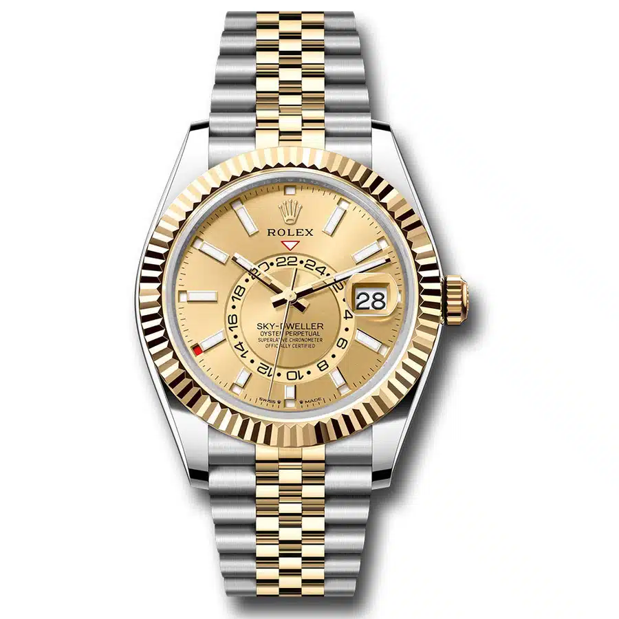 Rolex Yellow Gold Rolesor Sky-Dweller Jubilee 336933-0002 Fluted Ring Command Bezel Champagne Index Dial Watch 2024