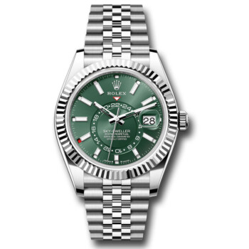 Rolex Sky-Dweller 42mm 336934-0002 Steel and White Gold Fluted Bezel Mint Green Index Dial Jubilee Bracelet Watch 2024