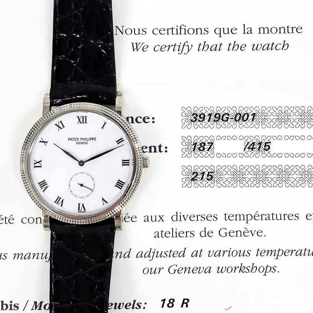 Patek Philippe Calatrava 3919G-001 White Gold With Black Leather Watch Black Roman Dial 2001 – image 2