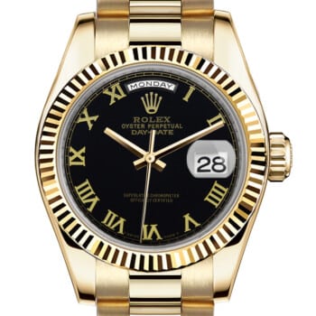 Rolex 36mm Presidential 18kt Gold Glossy Black Color Roman Numeral Dial Flutted Bezel 18038 (Custom DIAL)