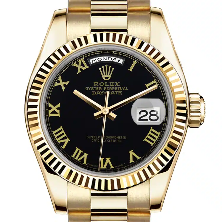Rolex 36mm Presidential 18kt Gold Glossy Black Color Roman Numeral Dial Flutted Bezel 18038 (Custom DIAL)