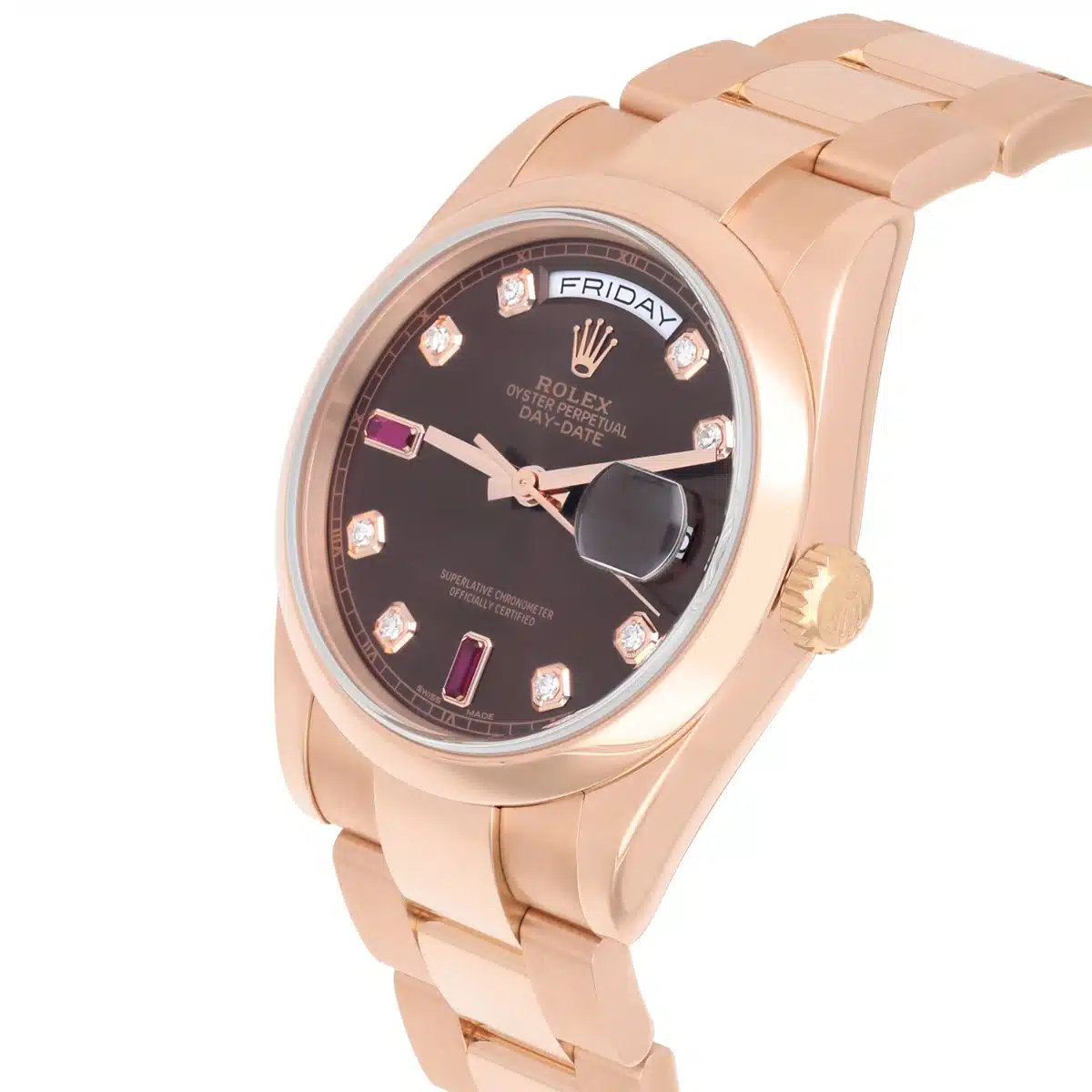 Rolex Day-Date 36 Ruby Baguette Diamond Dial 18k Rose Gold Watch 118205 – image 3