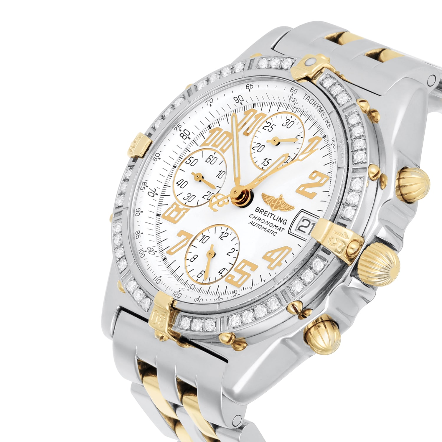 Breitling Blackbird Chronomat White Dial 39MM Steel & 18K Yellow Gold B13350 Diamond Bezel