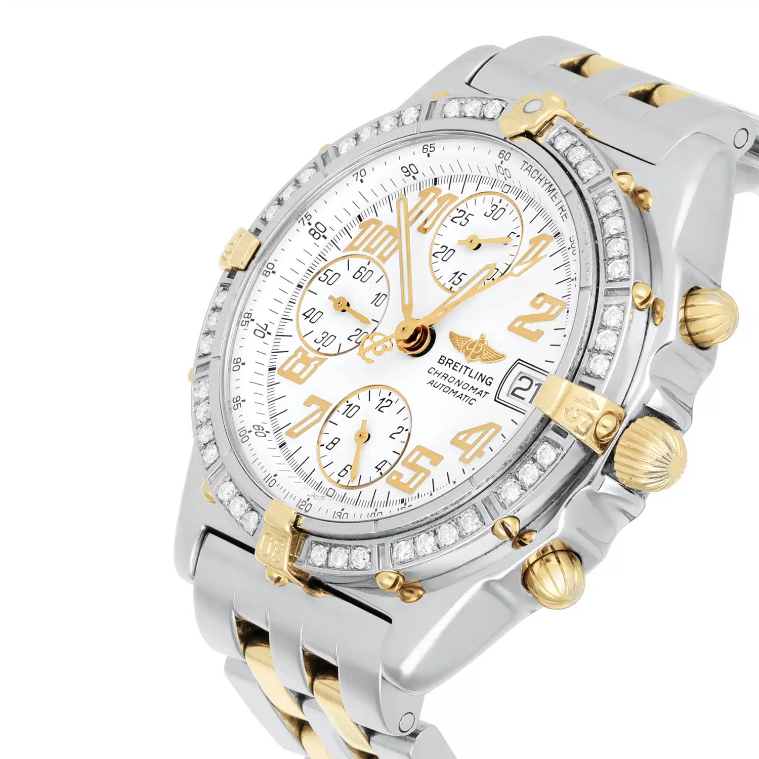 Breitling Blackbird Chronomat White Dial 39MM Steel & 18K Yellow Gold B13350 Diamond Bezel – image 4