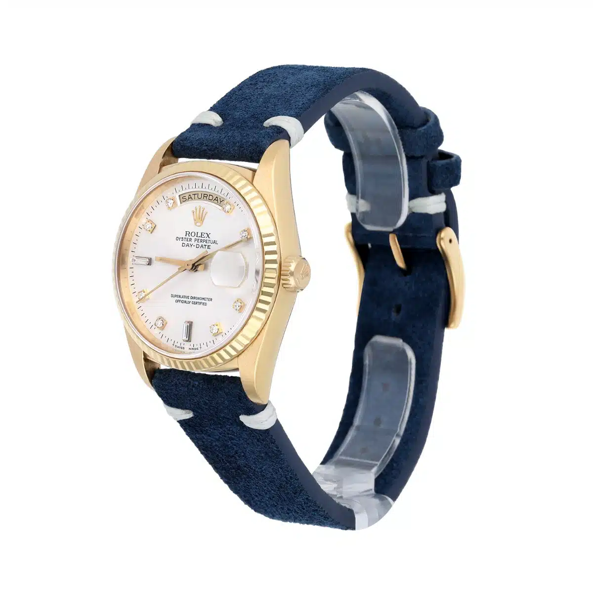 Rolex Day-Date 36 18238 18K Yellow Gold Watch Fluted Bezel Silver Diamond Face – image 3