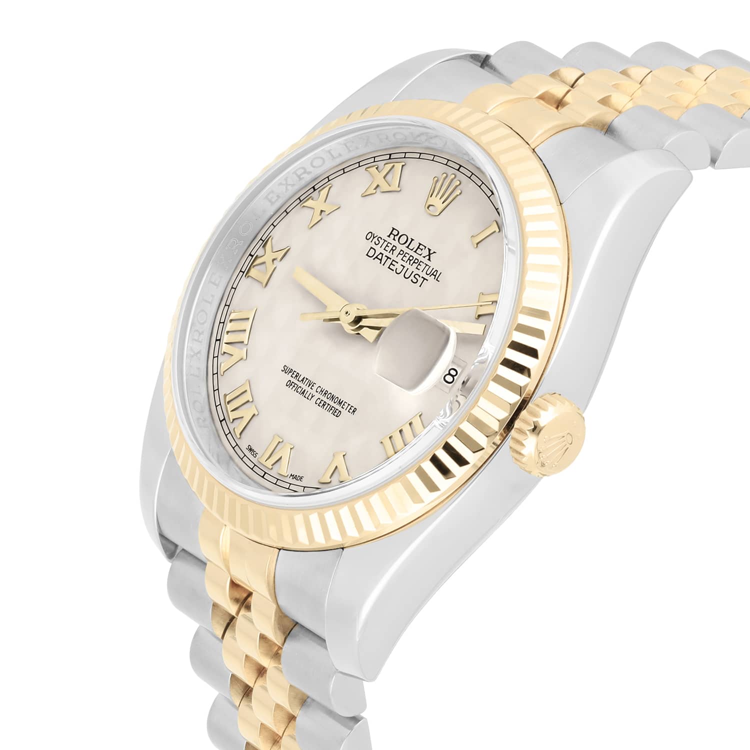 Rolex Datejust 36 Gold and Steel 116233 Ivory Pyramid Roman Dial Jubilee Watch