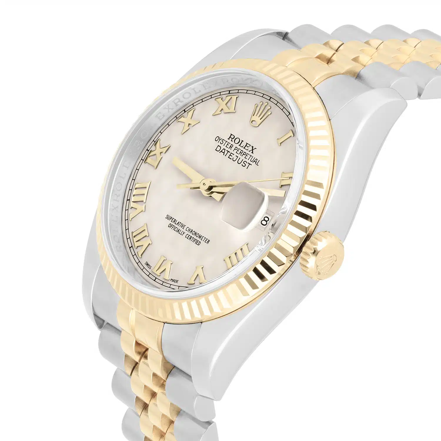 Rolex Datejust 36 Gold and Steel 116233 Ivory Pyramid Roman Dial Jubilee Watch – image 5