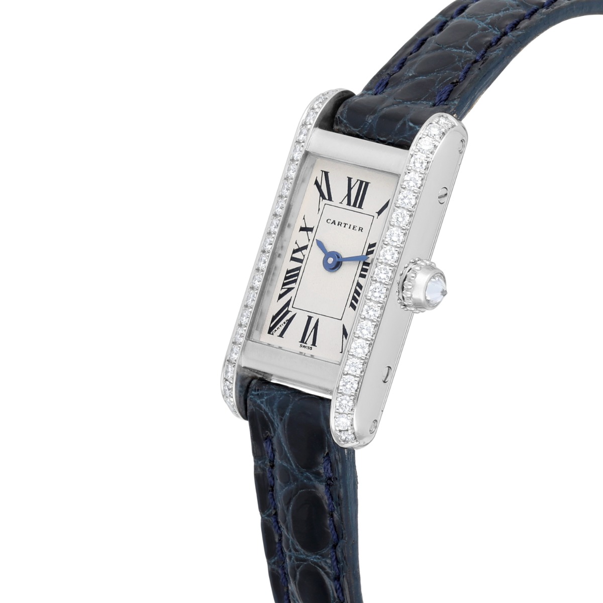 Cartier Tank Louis Cartier Mini White Gold Diamond Ladies Watch on Leather Strap 1381