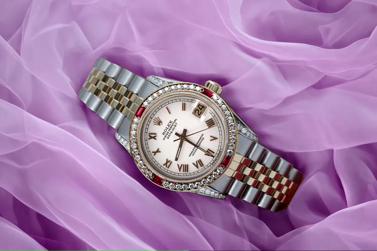 Rolex Datejust 31 mm Ladies Watch White Roman Dial Ruby & Diamond Bezel 68273 – image 3