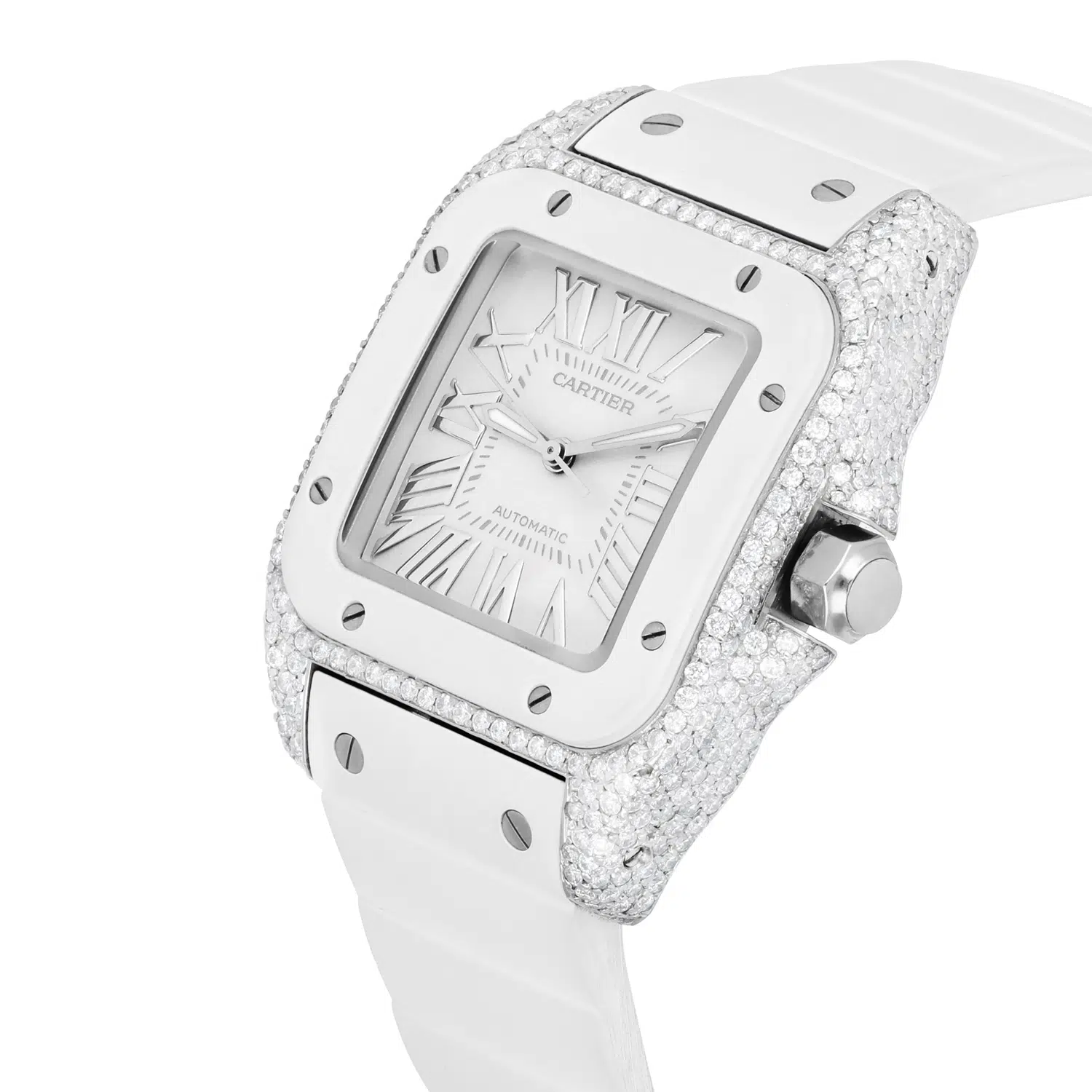 Cartier Santos 100 Staniless Steel 33mm Diamond Watch White Rubber Strap #2878 – image 4