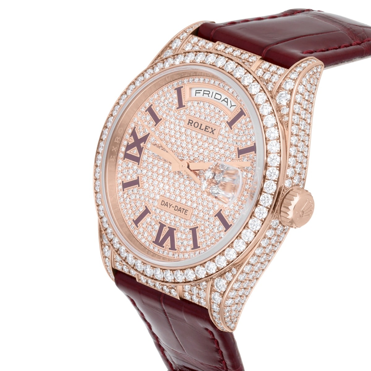 Rolex DayDate 36mm 128155RBR 18K Rose Gold Diamond Bezel Pave Diamond Roman Dial