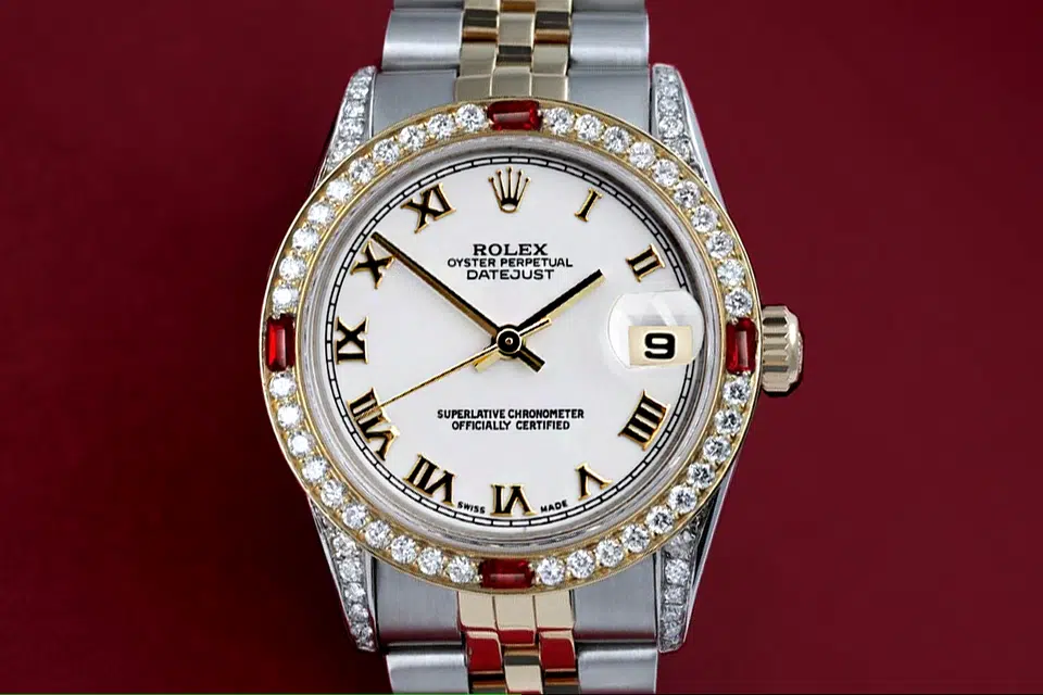 Rolex Datejust 31 Ladies 2 Tone Watch White Roman Dial Ruby & Diamond Bezel 68273 – image 5
