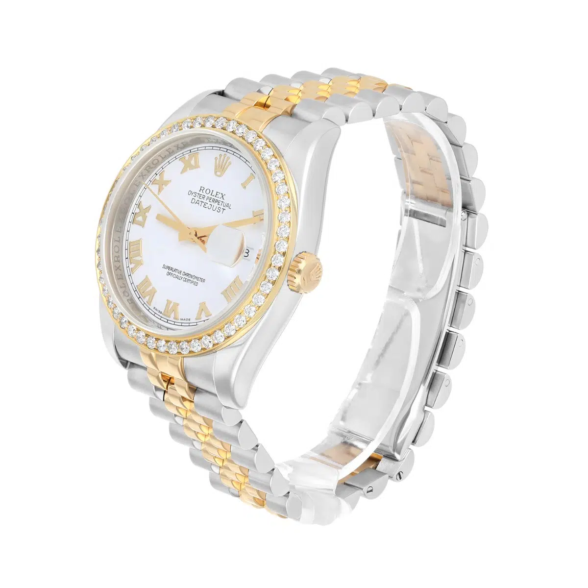 Rolex Datejust 36 Gold/Steel 116233 Diamond Bezel White Roman Dial Jubilee Band Watch – image 4
