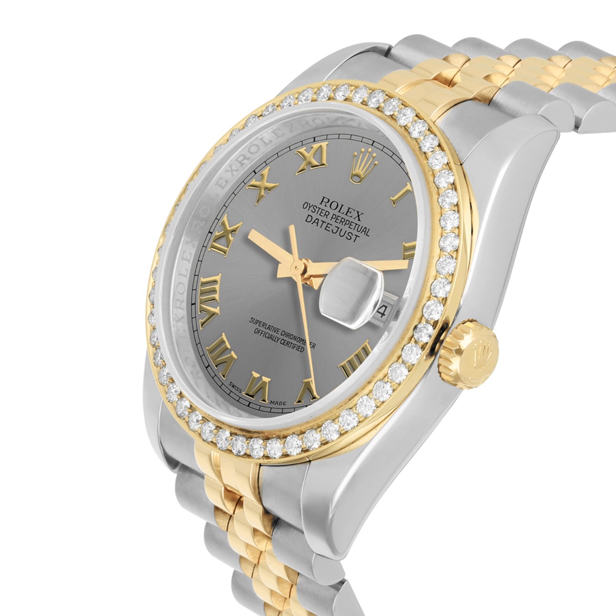 Rolex Datejust 36 2tone 116233 Diamond Bezel Grey Roman Dial Jubilee Band