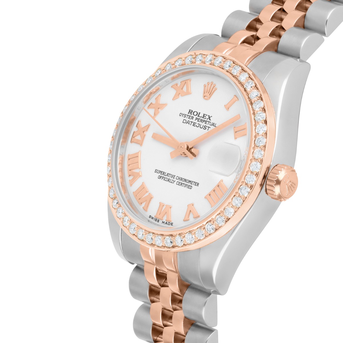 Rolex Datejust 31mm 18k Rose Gold/Steel Watch White Roman Dial Diamonds 178271