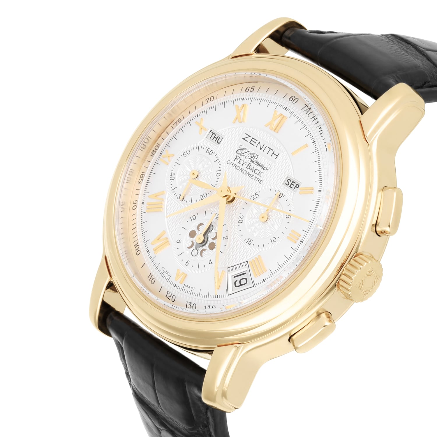 Zenith El Primero Fly-Back Y/G Automatic Silver Dial Mens Watch Leather Band 35.1250.4009/01.C495