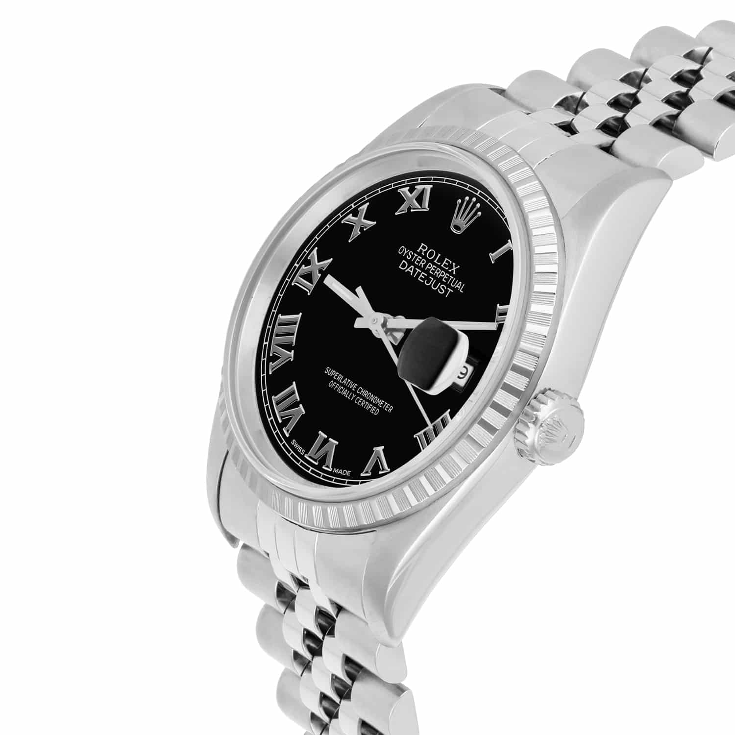 Rolex Datejust 36mm Stainless Steel Watch Black Roman Dial 16220 Circa 2002