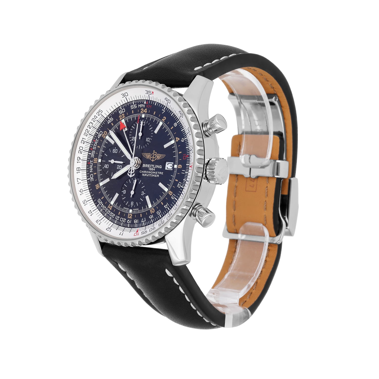 Breitling Navitimer World Black Dial Stainless Steel Watch A24322 New Strap