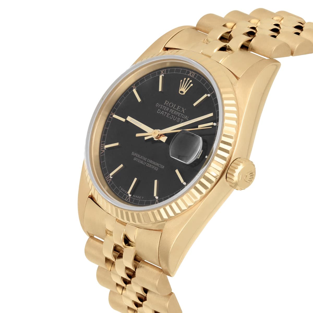 Rolex Datejust 18k Yellow Gold Black Dial Jubilee Mens 36mm Watch 16018