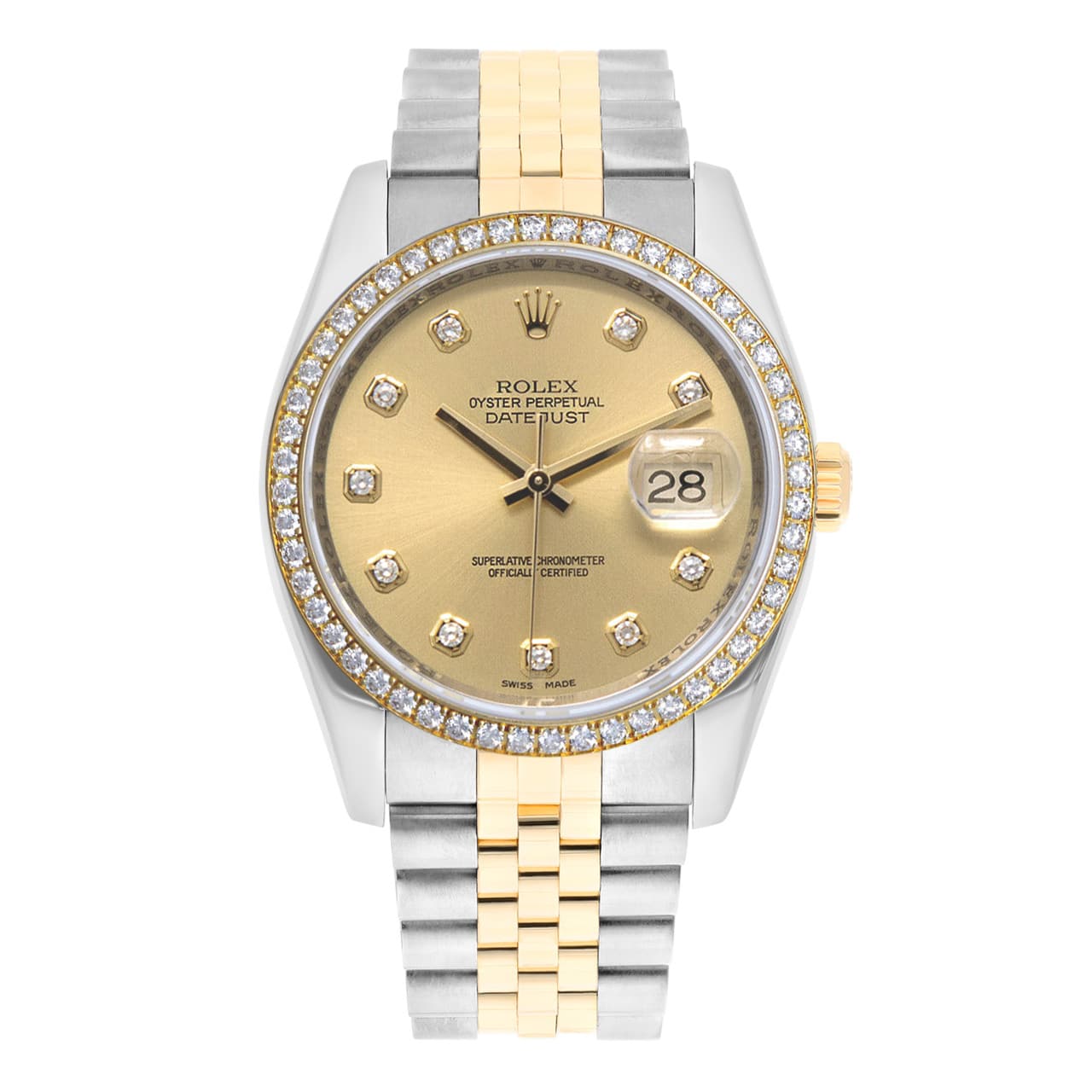 Rolex Datejust 36mm Stainless Steel and Yellow Gold Factory Diamond Bezel Champagne Diamond Dial 116243