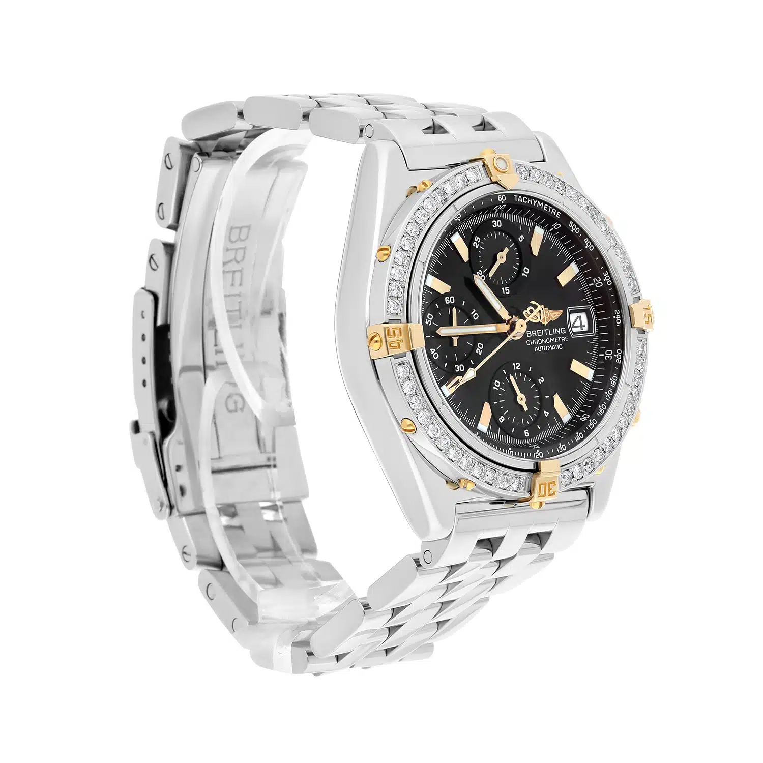 Breitling Chronomat Black Dial 39MM Steel & 18K Yellow Gold B13352 Diamond Bezel – image 4