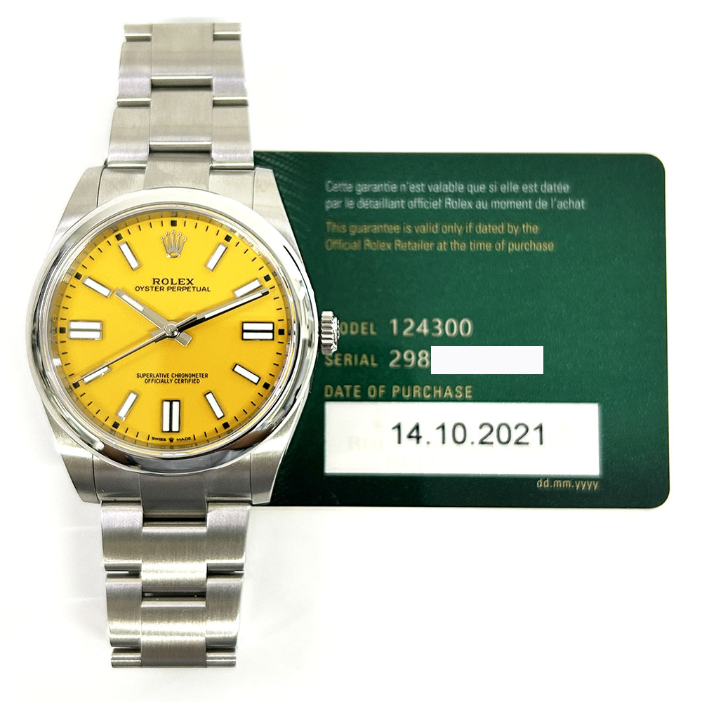 Rolex Oyster Perpetual 41mm 124300-0004 Stainless Steel Watch Yellow Index Dial 2021