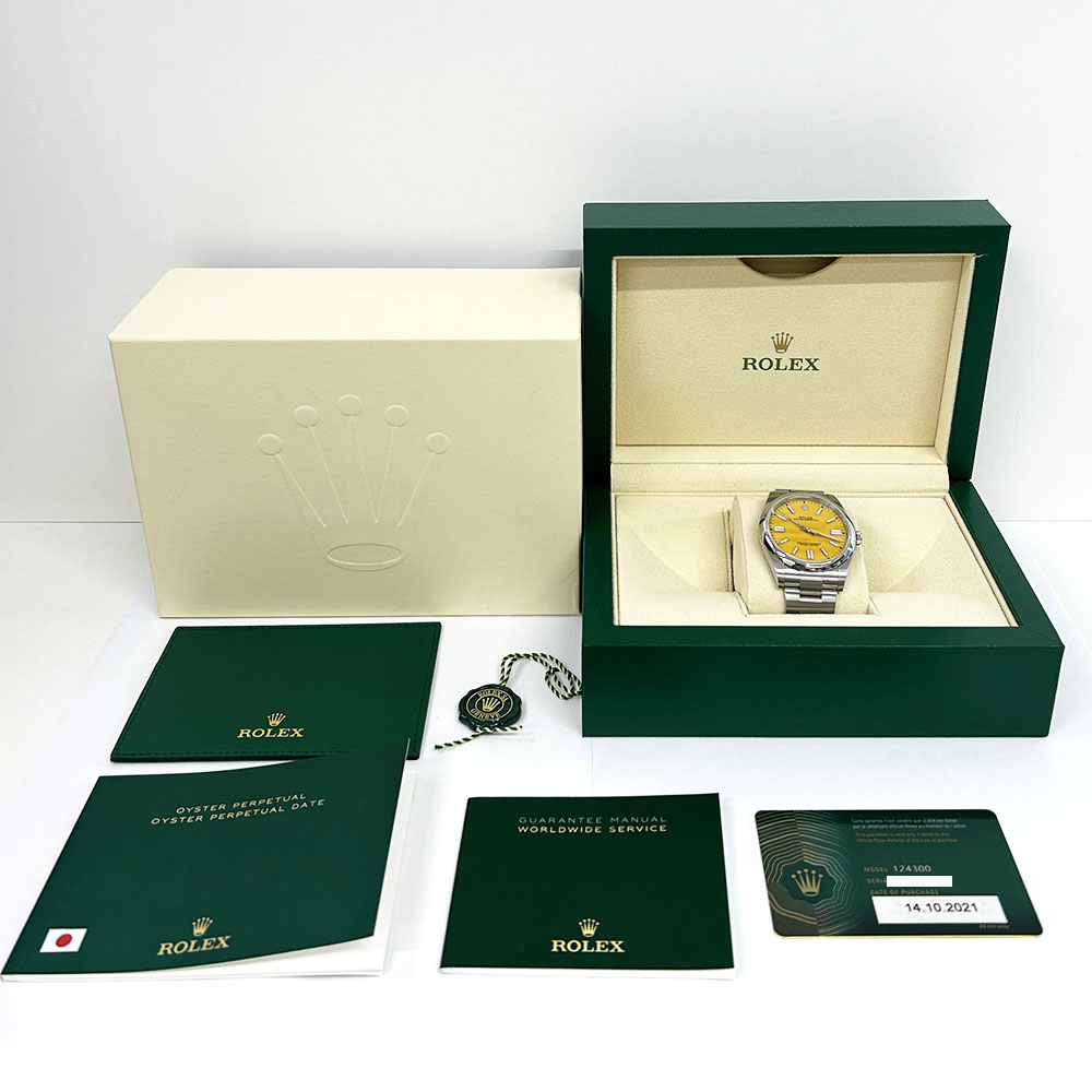 Rolex Oyster Perpetual 41mm 124300-0004 Stainless Steel Watch Yellow Index Dial 2021