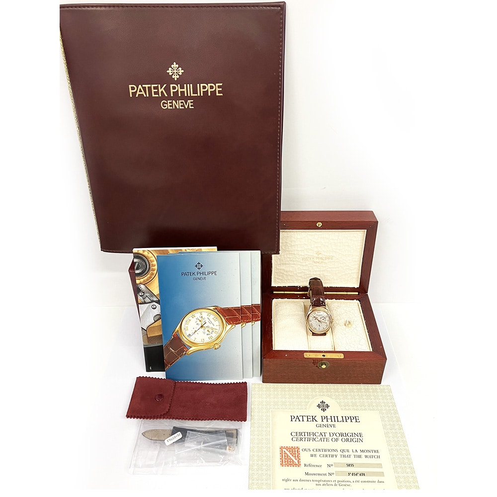 Patek Philippe Annual Calendar 5035R-001 Rose Gold With Brown Leather Watch Silver Dial 1997