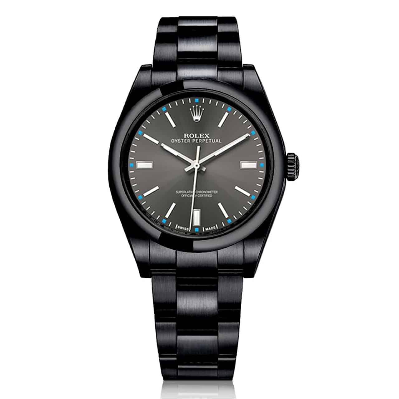 Rolex Oyster Perpetual Grey Dial Black PVD/DLC Coated Stainless Steel Watch 114300