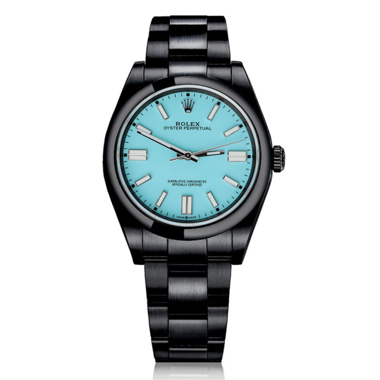 Rolex Oyster Perpetual Tiffany Color Dial Black PVD/DLC Coated Stainless Steel Watch 114300