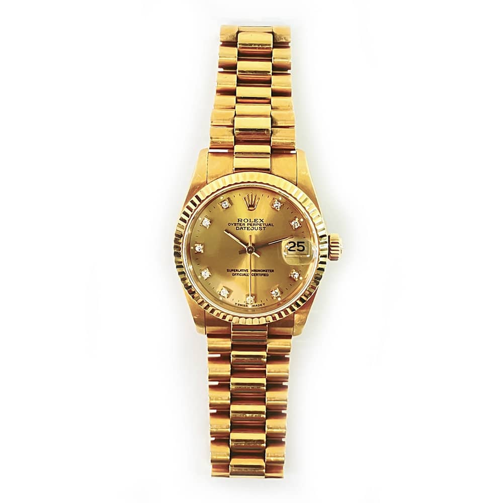Rolex Datejust 31mm Presidential 68278 Yellow Gold Watch Champagne Diamond Dial 1995