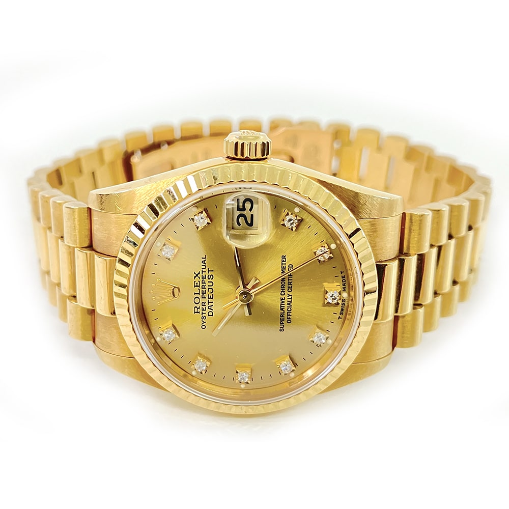 Rolex Datejust 31mm Presidential 68278 Yellow Gold Watch Champagne Diamond Dial 1995