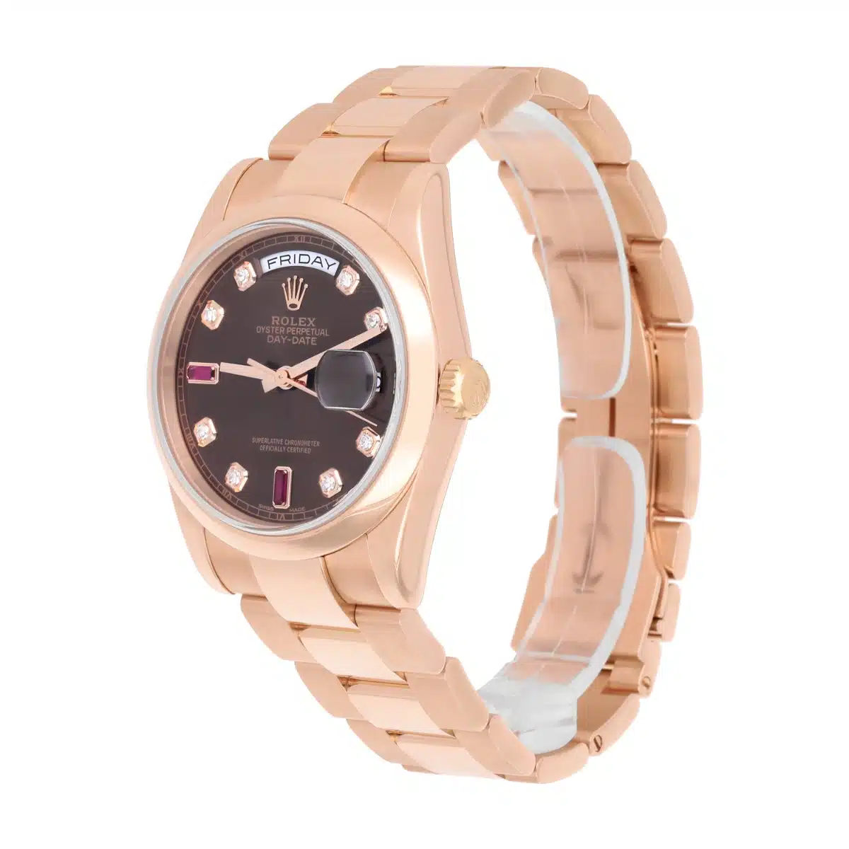 Rolex Day-Date 36 Ruby Baguette Diamond Dial 18k Rose Gold Watch 118205 – image 4
