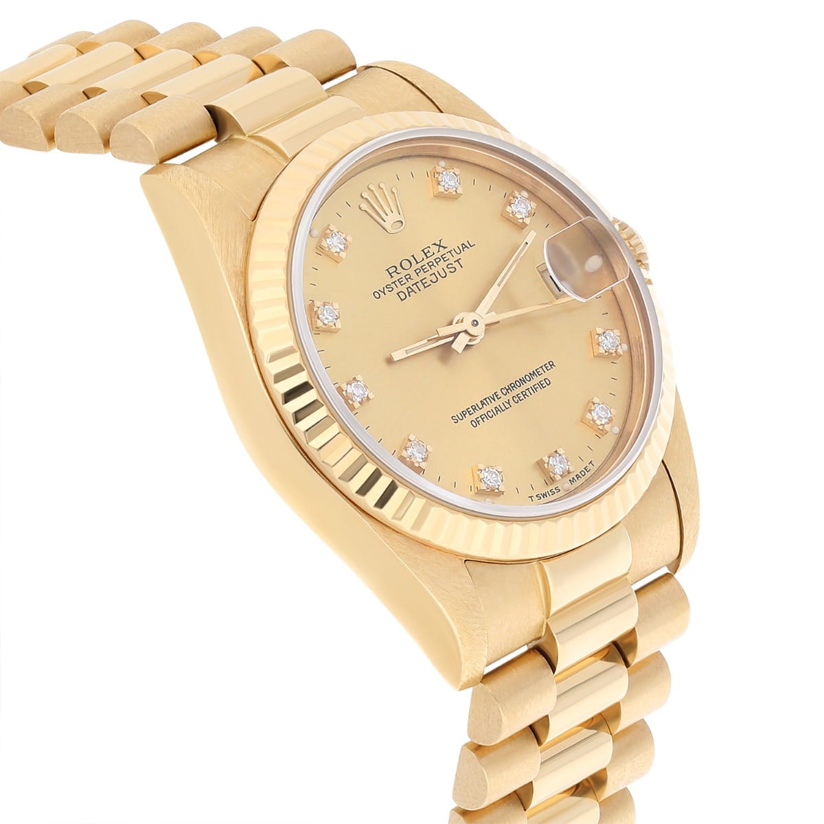 Rolex 31mm 18kt Gold Datejust Presidential Champagne Diamond Dial Midsize 68278