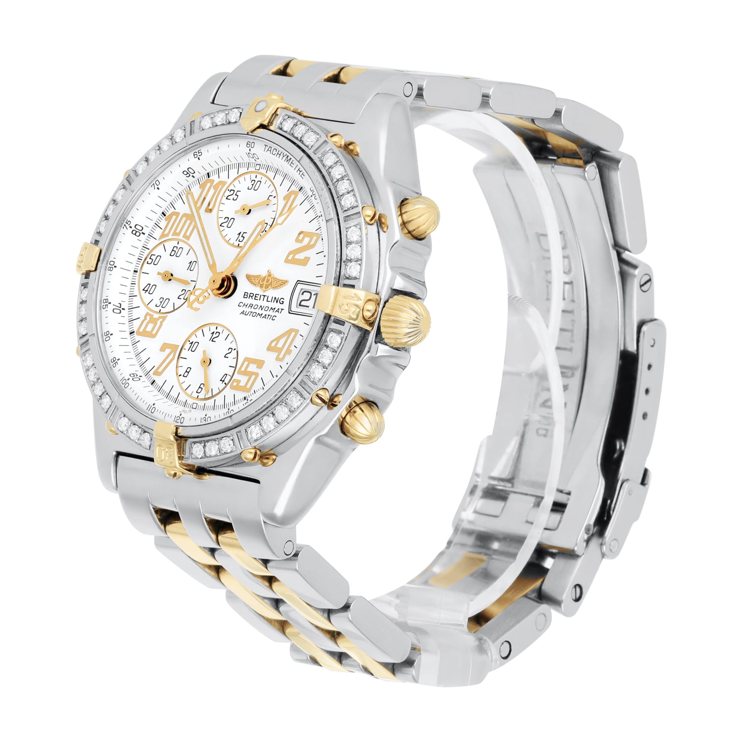 Breitling Blackbird Chronomat White Dial 39MM Steel & 18K Yellow Gold B13350 Diamond Bezel