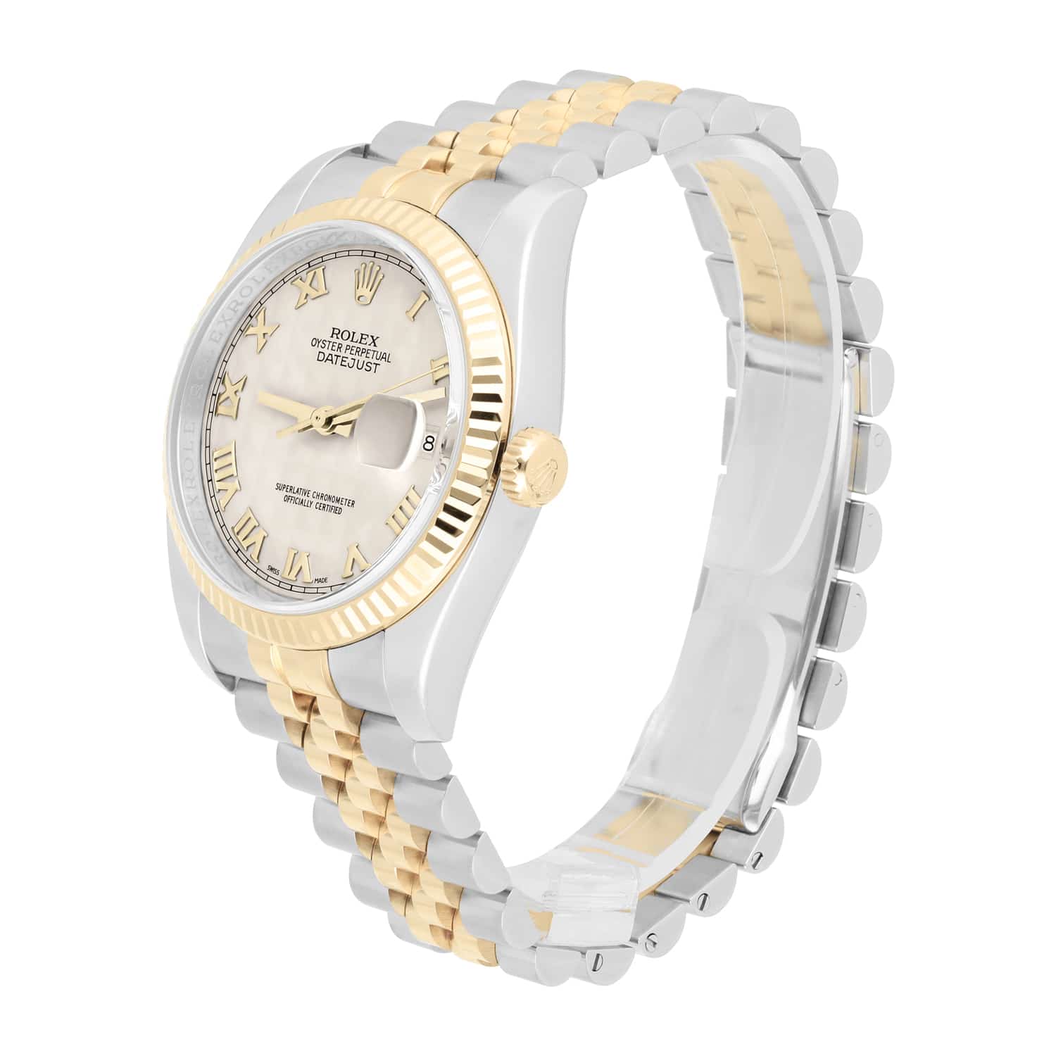 Rolex Datejust 36 Gold and Steel 116233 Ivory Pyramid Roman Dial Jubilee Watch