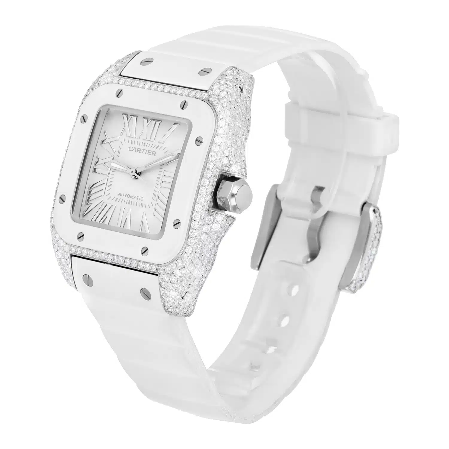 Cartier Santos 100 Staniless Steel 33mm Diamond Watch White Rubber Strap #2878 – image 3