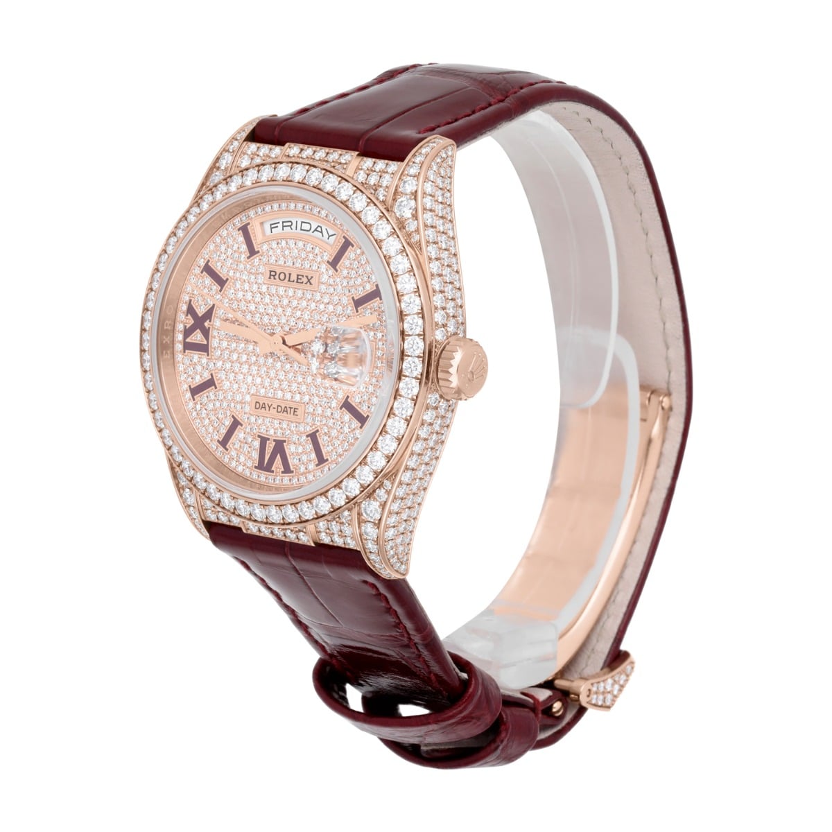 Rolex DayDate 36mm 128155RBR 18K Rose Gold Diamond Bezel Pave Diamond Roman Dial