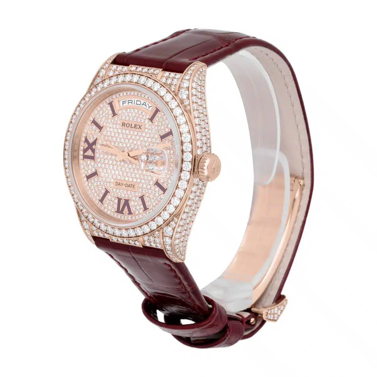 Rolex DayDate 36mm 128155RBR 18K Rose Gold Diamond Bezel Pave Diamond Roman Dial – image 4