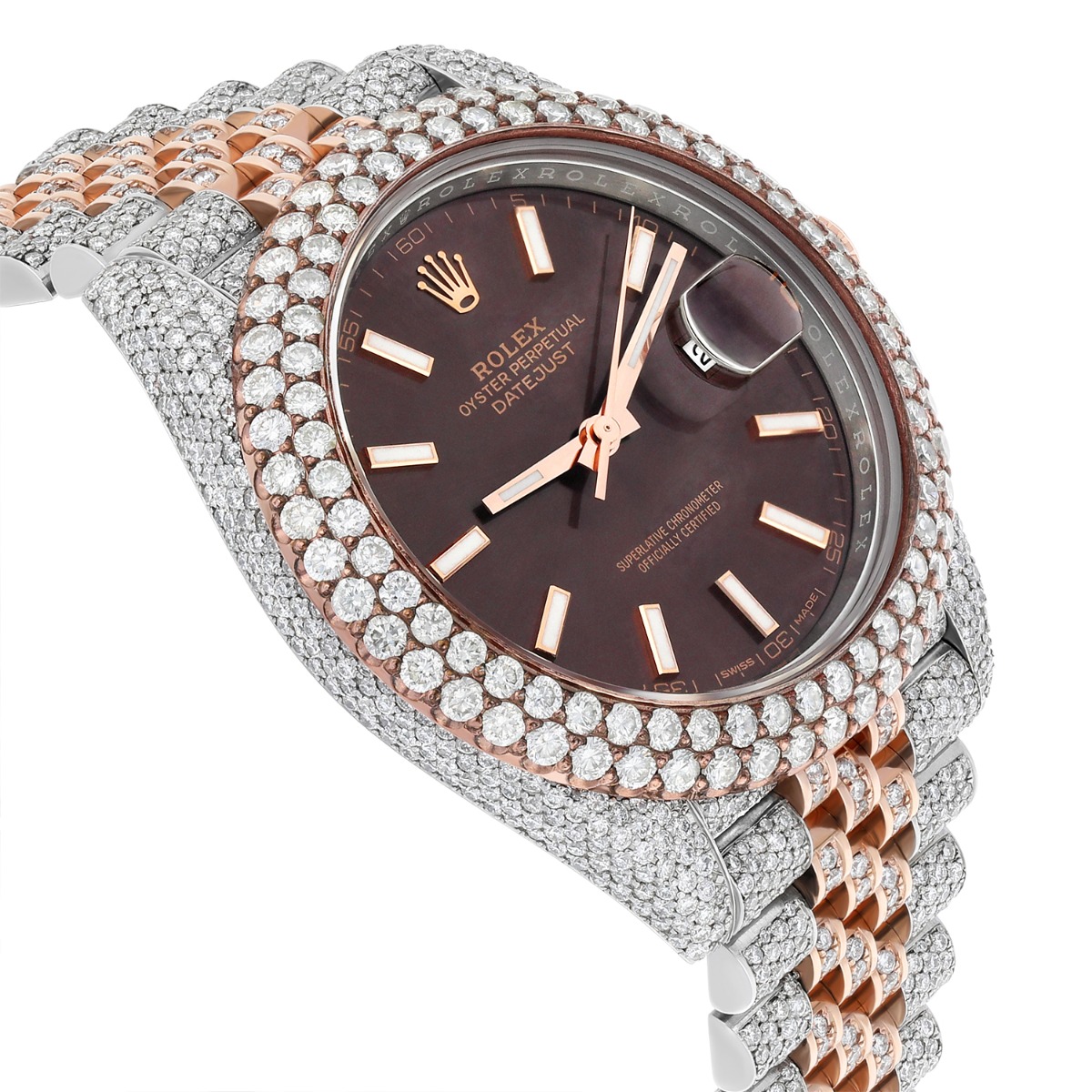 Rolex Datejust 41mm 126331 Rose Gold and Stainless Steel Fully Iced Out Watch
