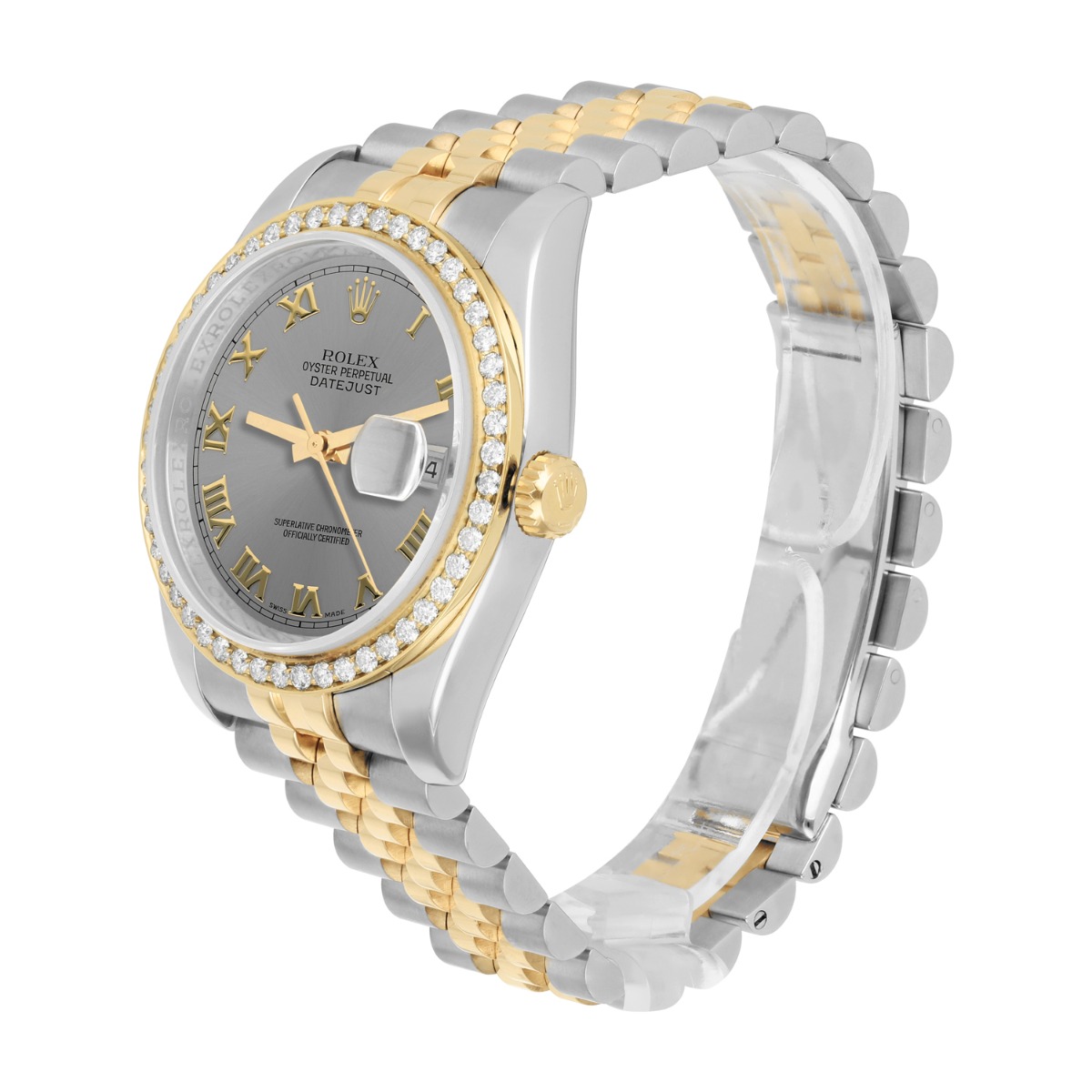 Rolex Datejust 36 2tone 116233 Diamond Bezel Grey Roman Dial Jubilee Band