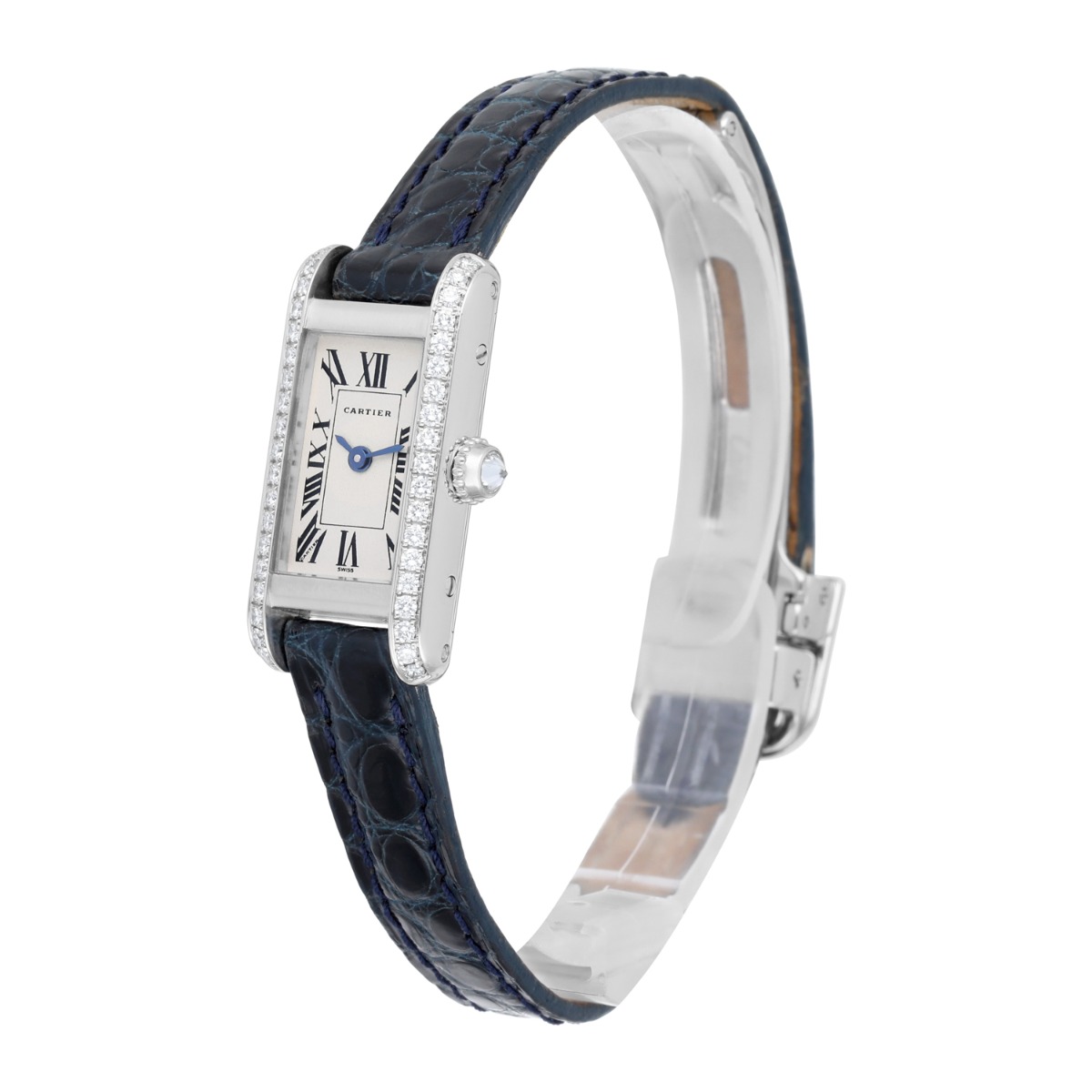 Cartier Tank Louis Cartier Mini White Gold Diamond Ladies Watch on Leather Strap 1381