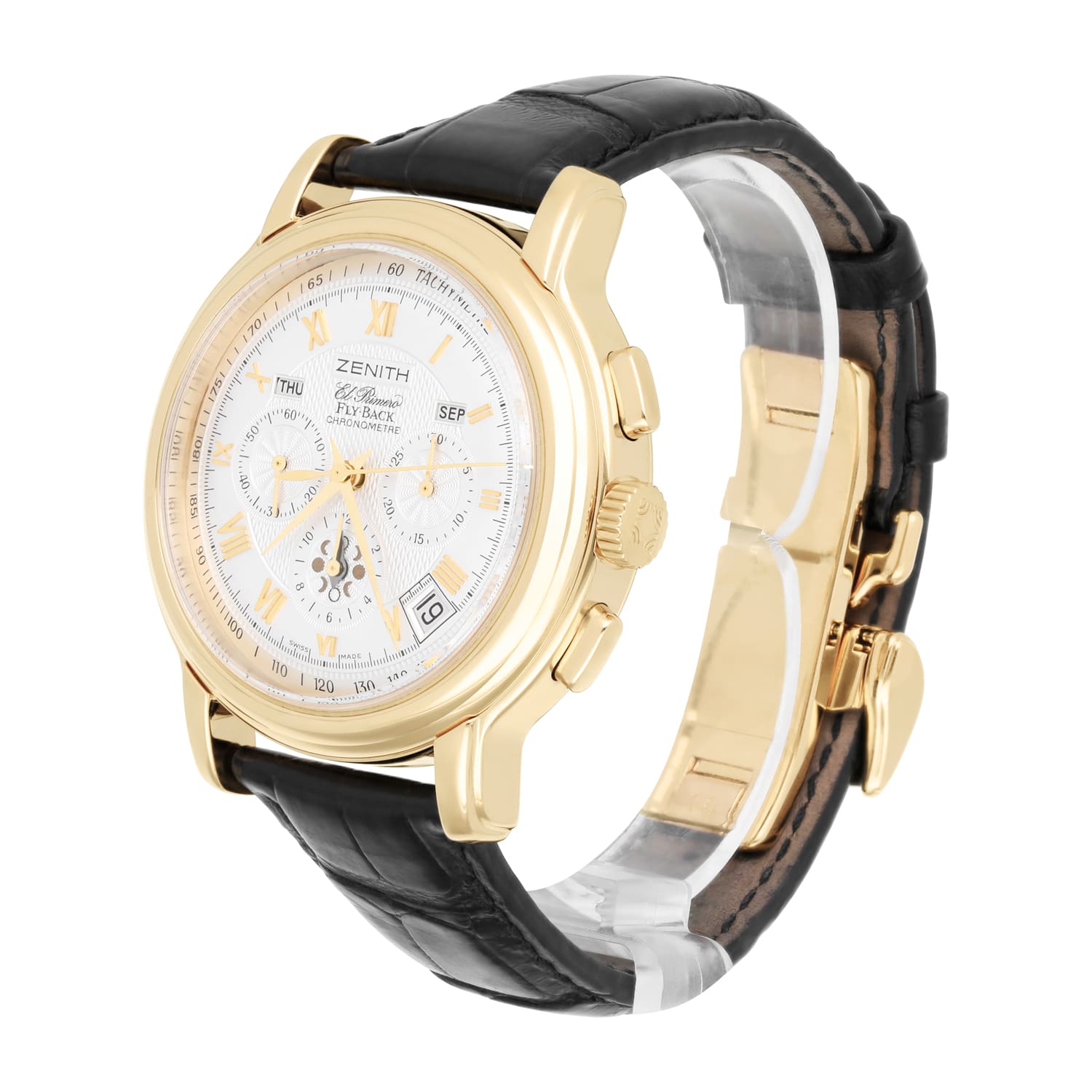 Zenith El Primero Fly-Back Y/G Automatic Silver Dial Mens Watch Leather Band 35.1250.4009/01.C495