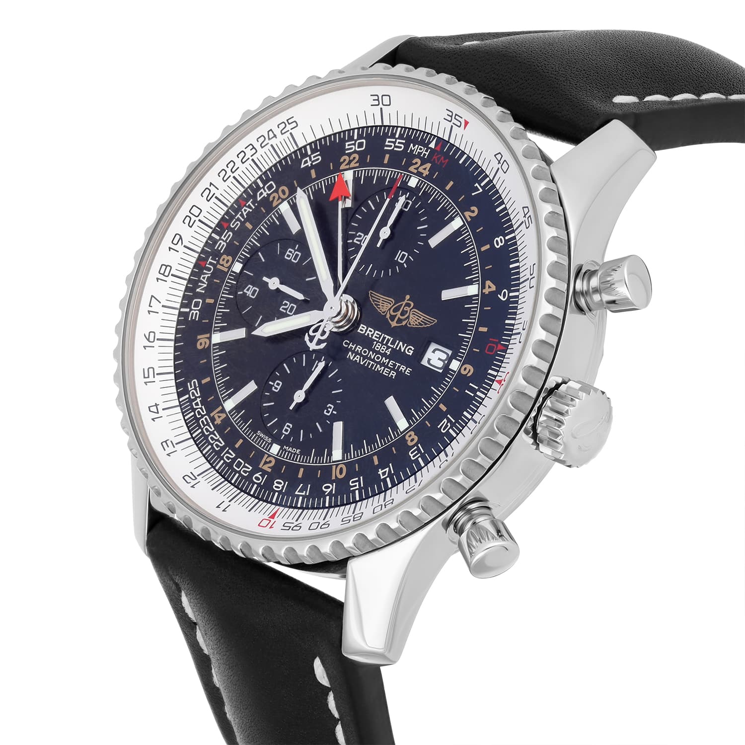 Breitling Navitimer World Black Dial Stainless Steel Watch A24322 New Strap