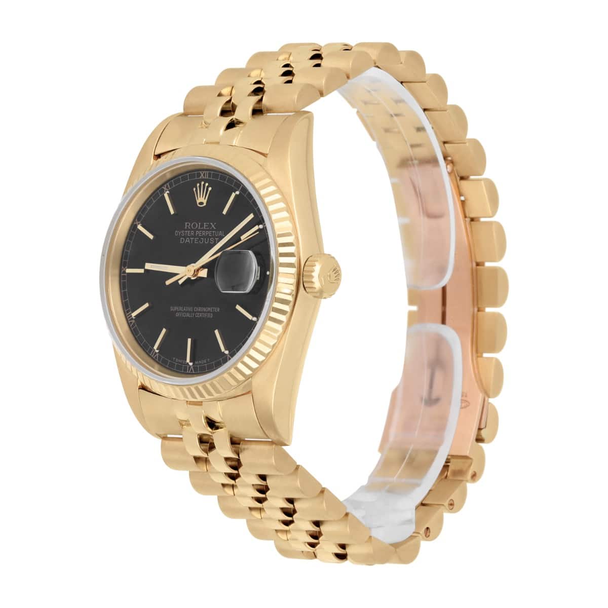 Rolex Datejust 18k Yellow Gold Black Dial Jubilee Mens 36mm Watch 16018