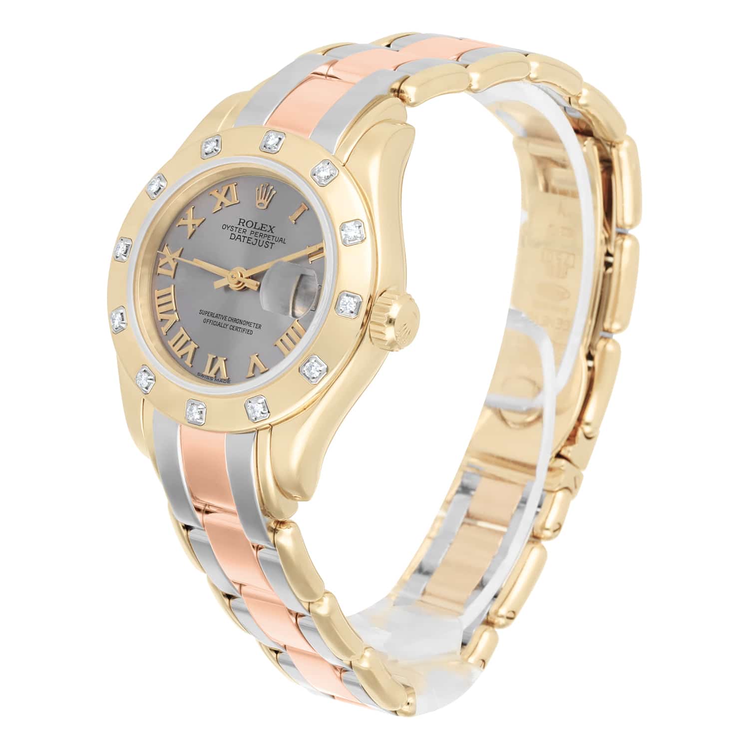 Rolex Lady-Datejust Tridor Pearlmaster 18K Rose/Yellow/White Gold 29mm Ladies Box Papers 69318