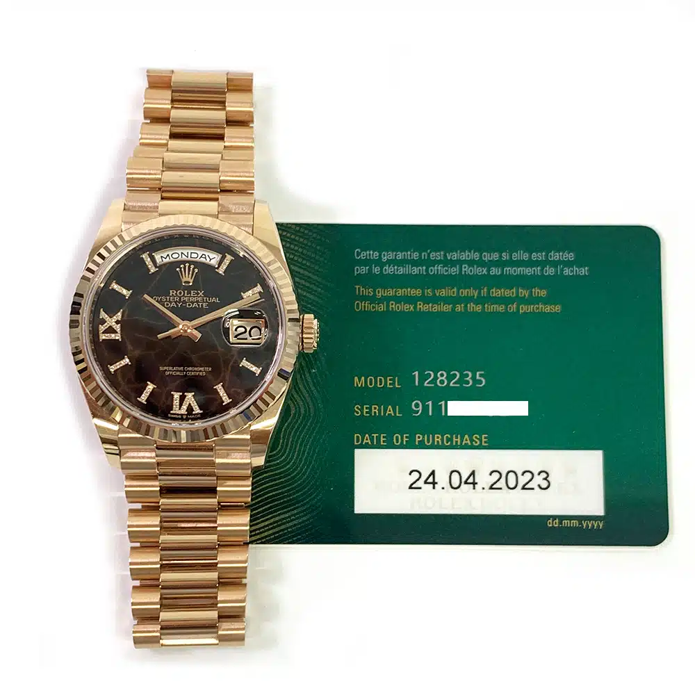 Rolex Day-Date 36mm President 128235-0041 Rose Gold Watch Eisenkiesel Diamond Dial MINT 2023 – image 2