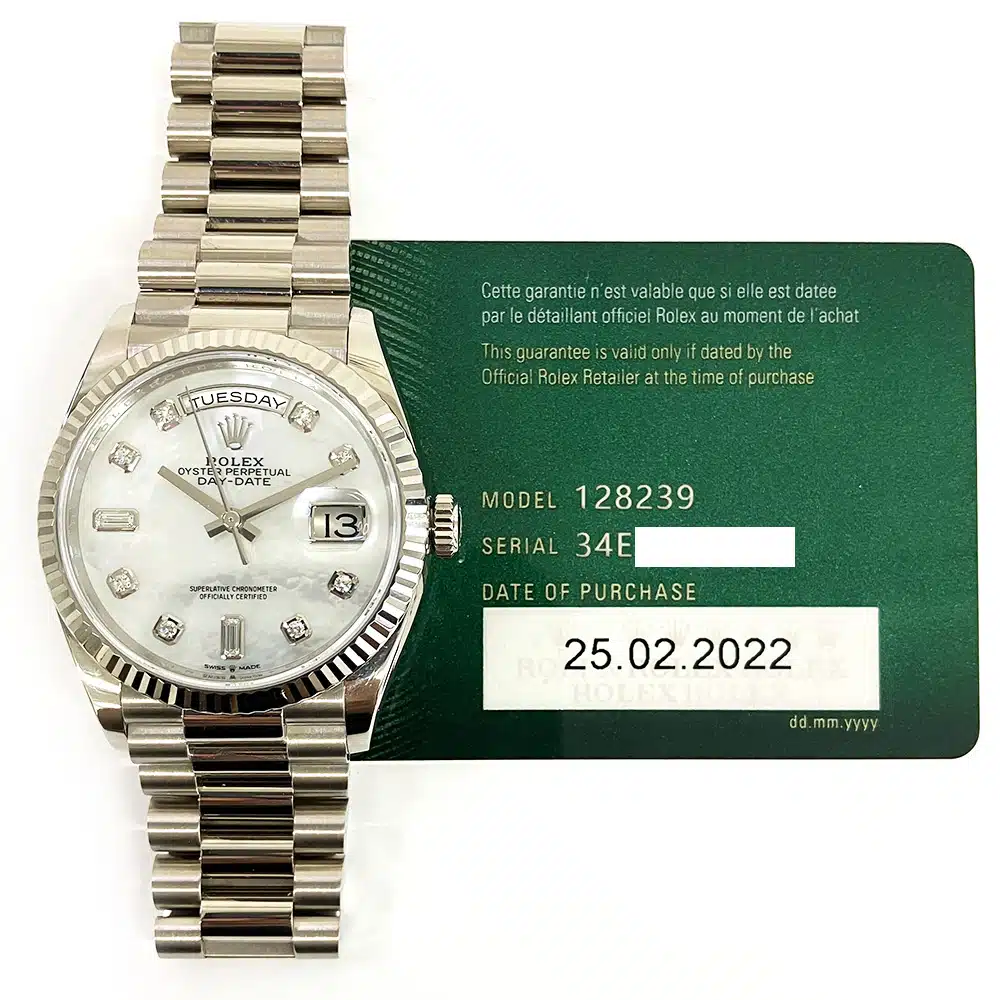 Rolex Day-Date 36 128239-0065 White Gold with White Mother of Pearl Diamond Dial – image 2
