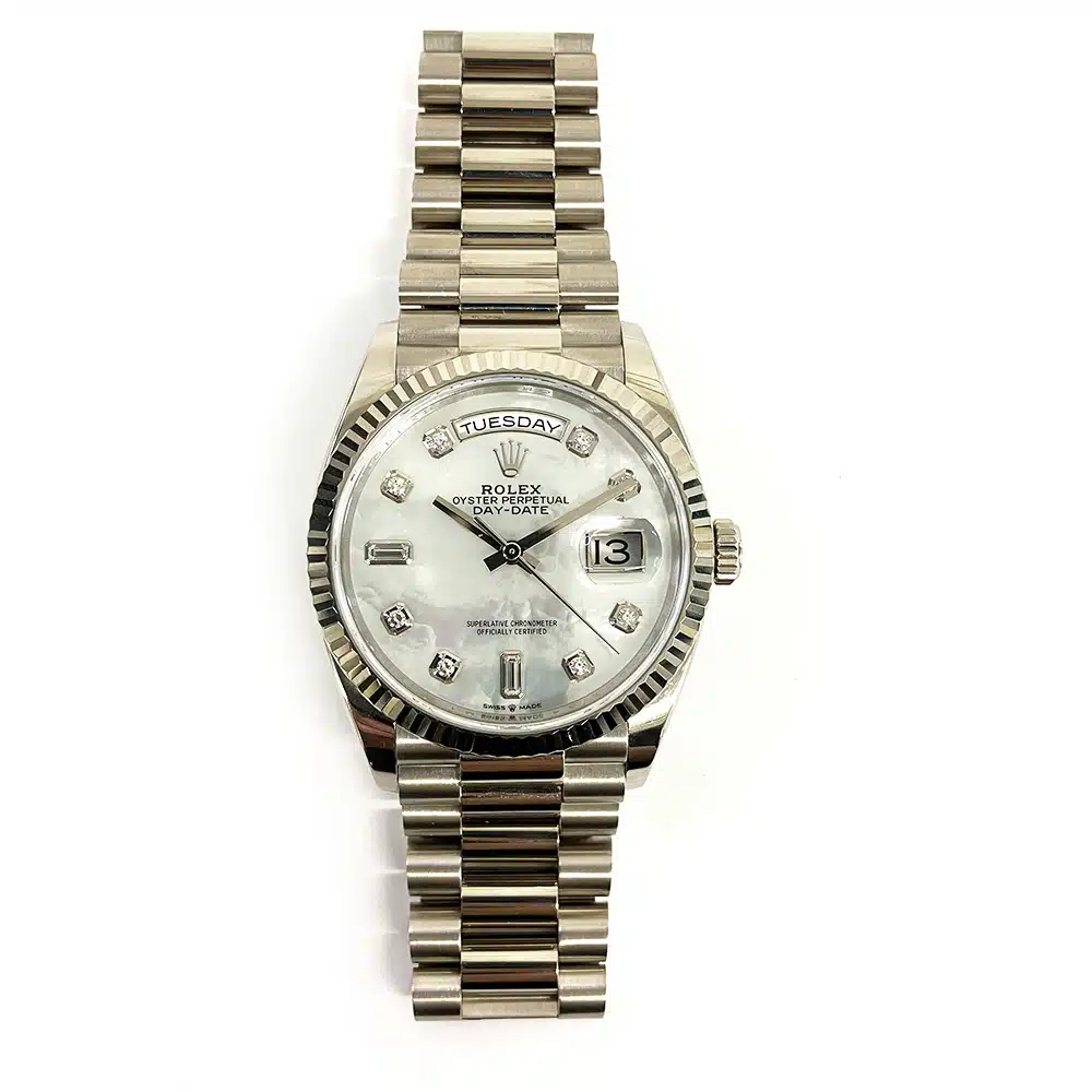 Rolex Day-Date 36 128239-0065 White Gold with White Mother of Pearl Diamond Dial – image 3